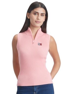 Tommy Jeans Women's 1/4-Zip Sleeveless Badge Sweater - Tickled Pink M